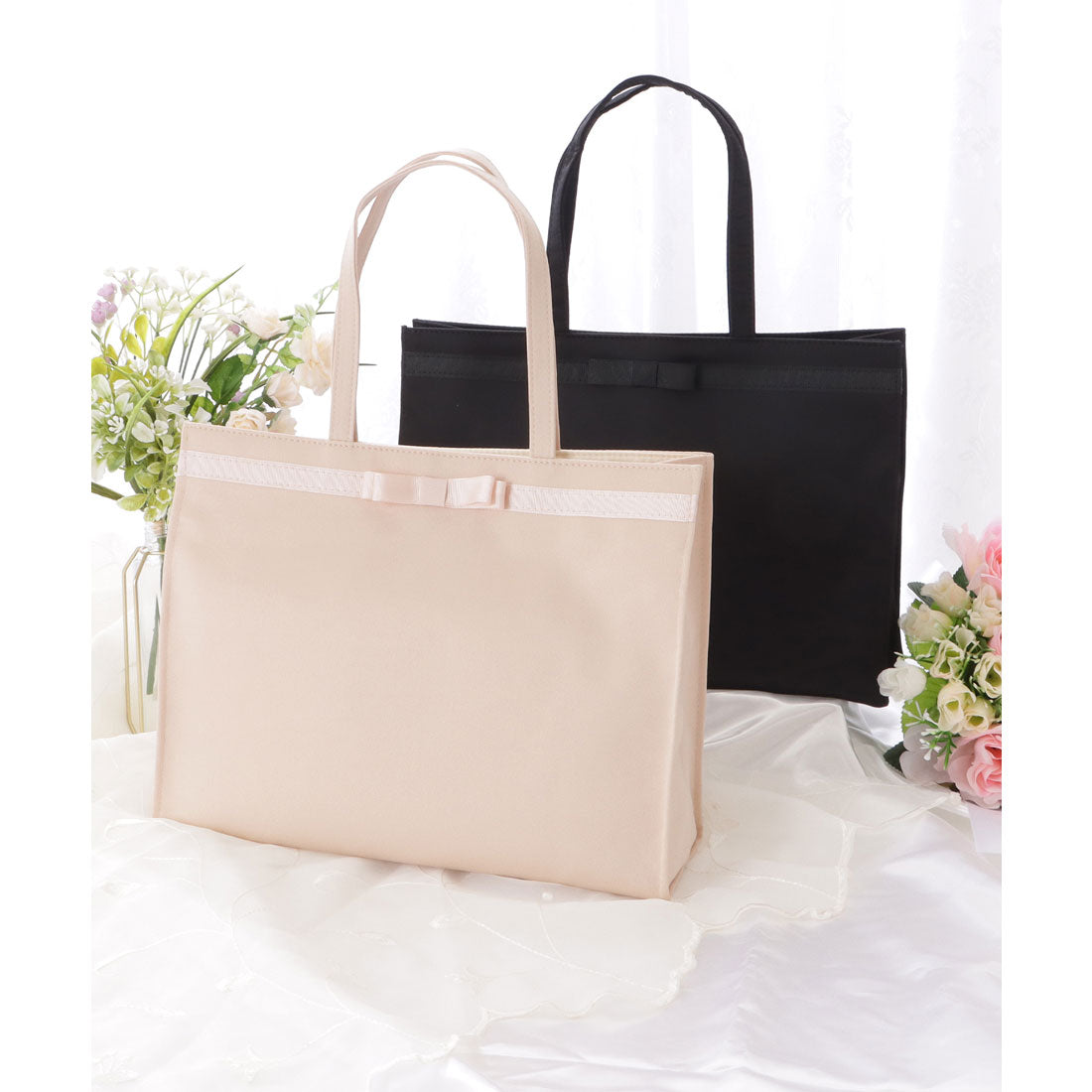 レースレディース Lace Ladies グログランリボン付きブラックトートバッグ