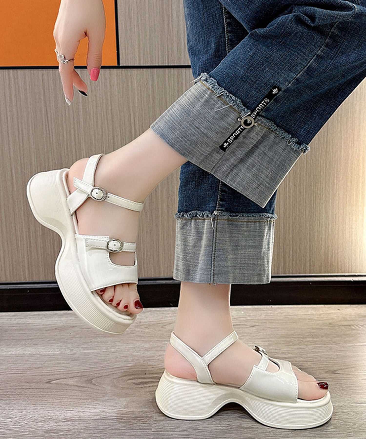 レースレディース Lace Ladies ソリッドカラー オープントゥ 厚底 ストラップ サンダル (ブラック) ブラック