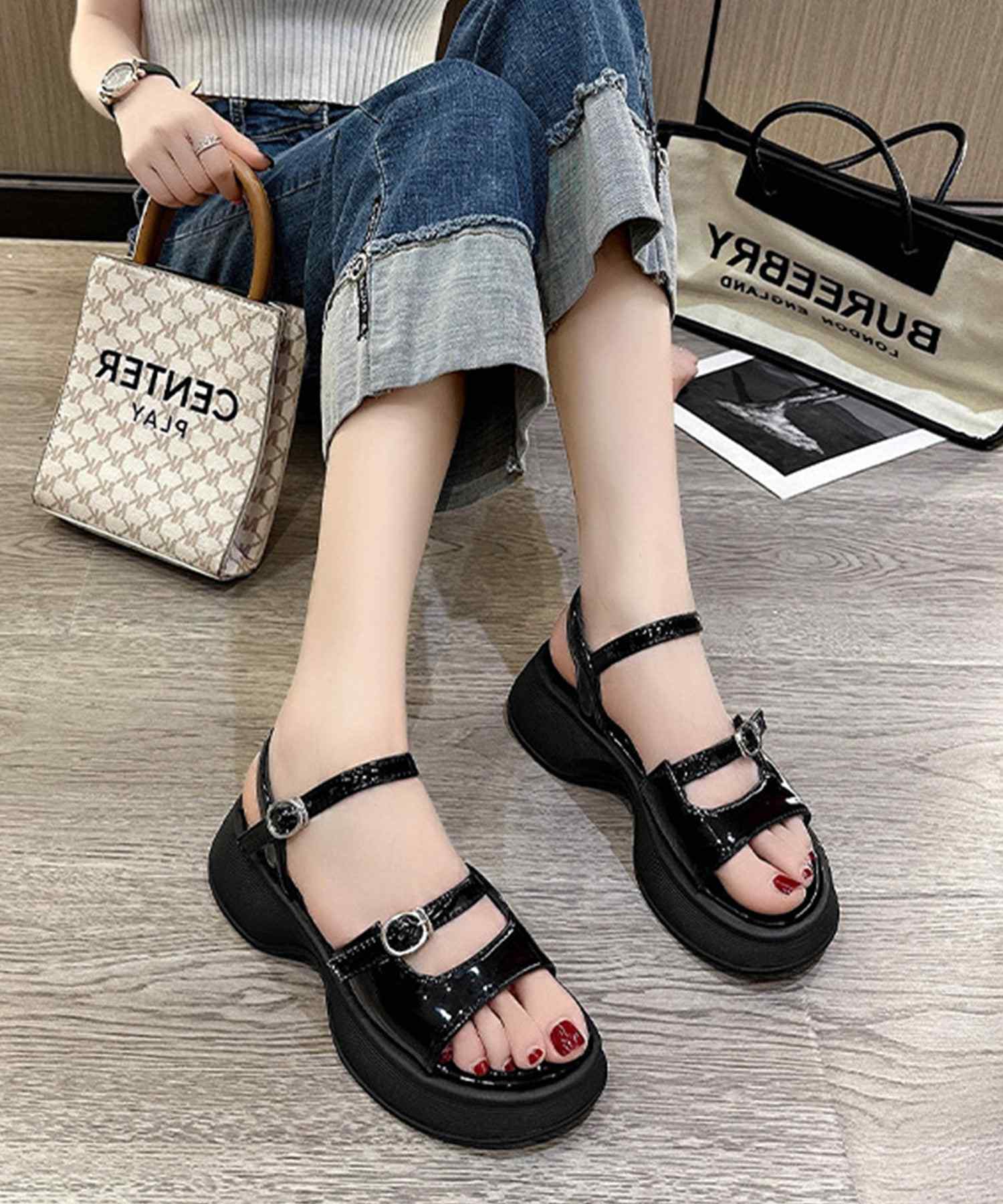 レースレディース Lace Ladies ソリッドカラー オープントゥ 厚底 ストラップ サンダル (ブラック) ブラック