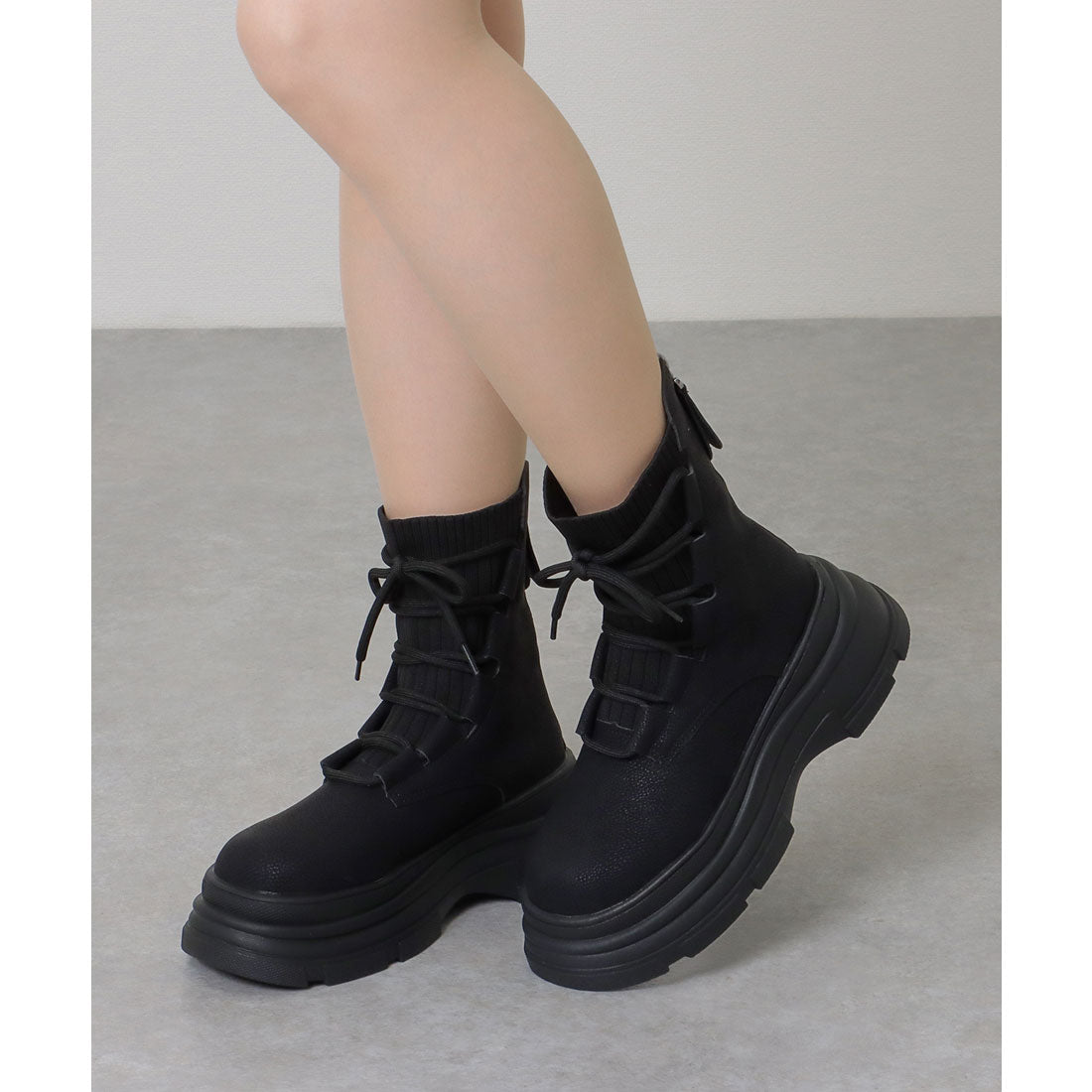 レースレディース Lace Ladies ニット ドッキング レースアップ 厚底 ショートブーツ