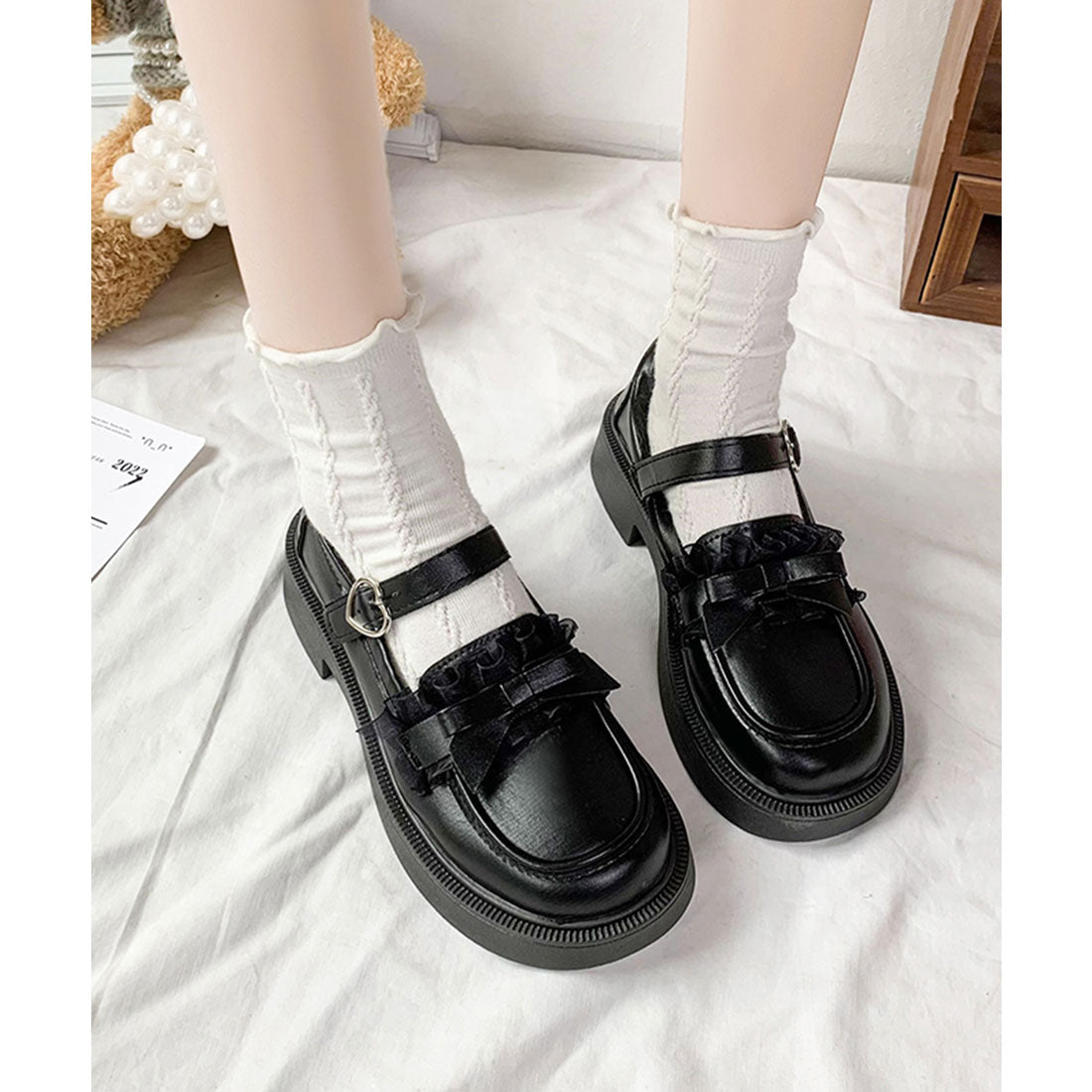 レースレディース Lace Ladies フリル リボン レザー調 ストラップ シューズ