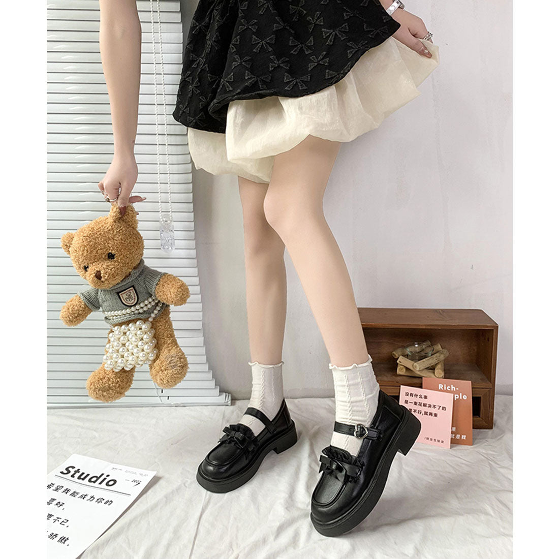 レースレディース Lace Ladies フリル リボン レザー調 ストラップ シューズ