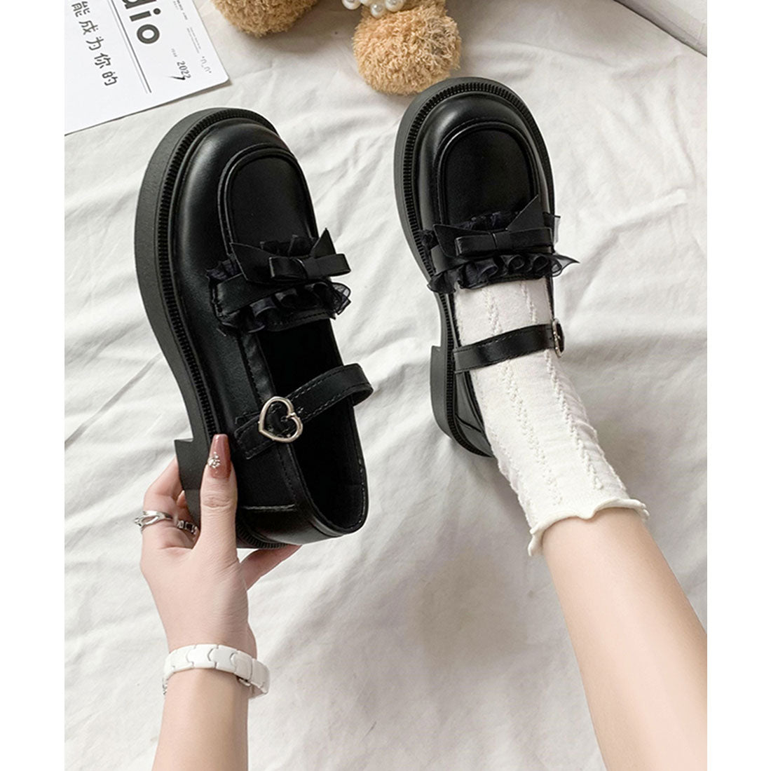 レースレディース Lace Ladies フリル リボン レザー調 ストラップ シューズ