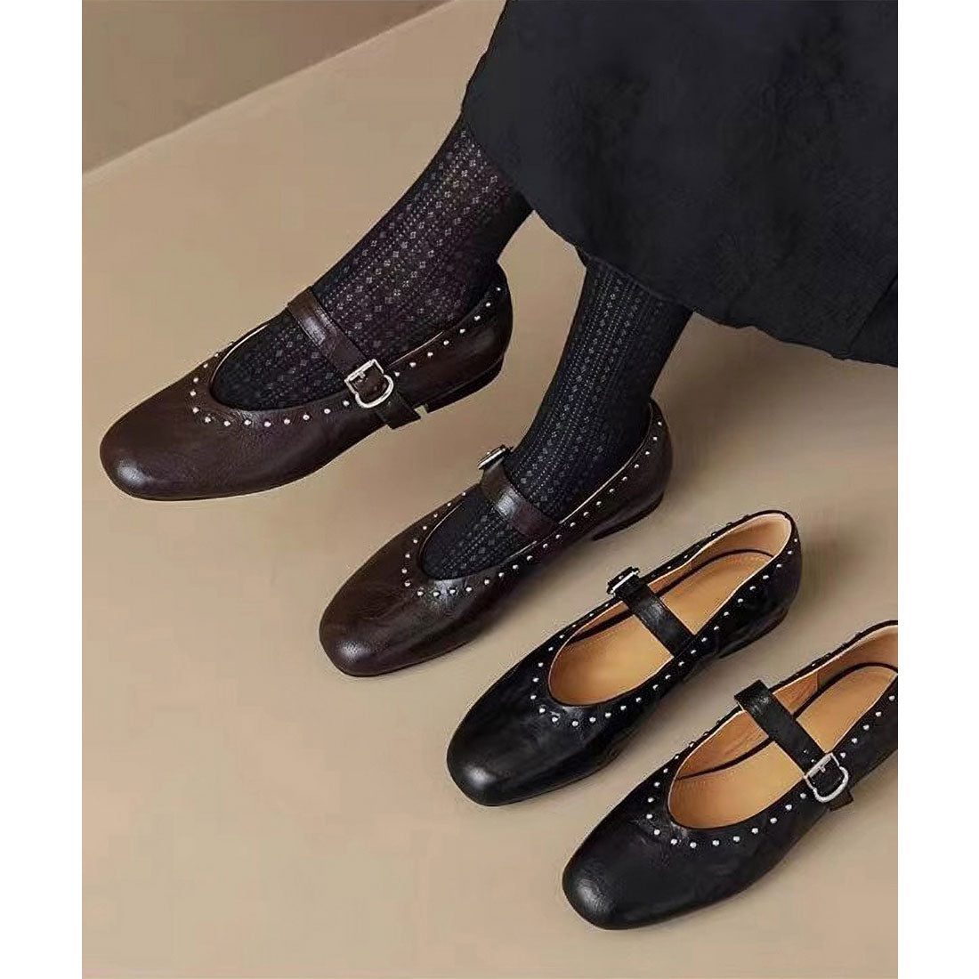 レースレディース Lace Ladies レザー調 スタッズ付き ラウンド ストラップ パンプス