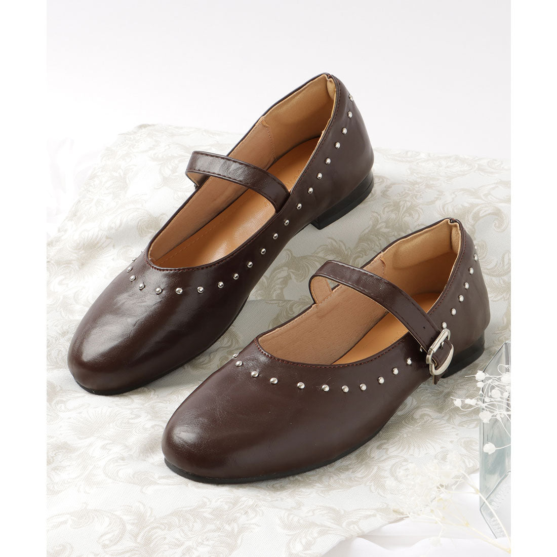 レースレディース Lace Ladies レザー調 スタッズ付き ラウンド ストラップ パンプス