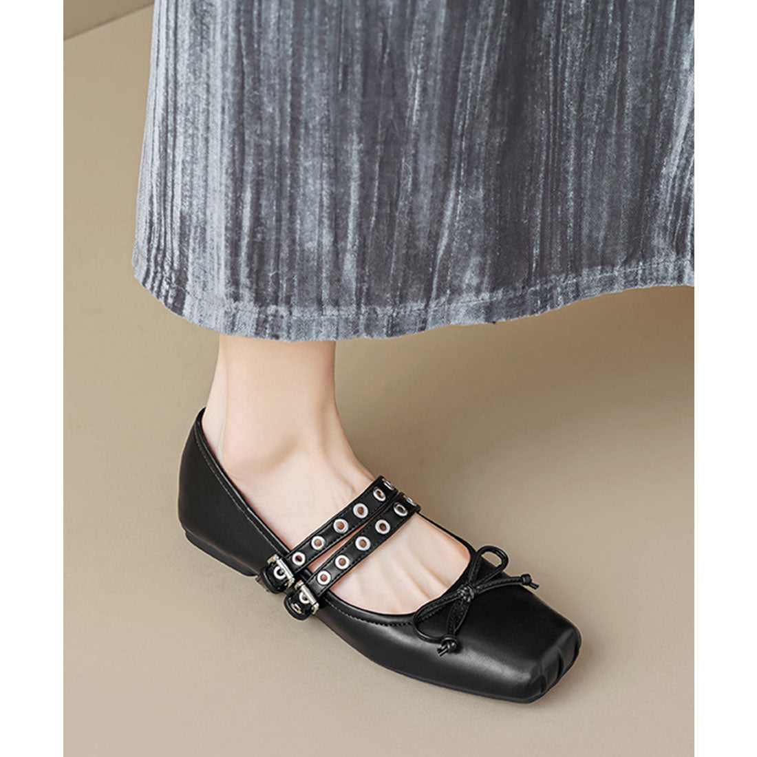 レースレディース Lace Ladies スクエアトゥ スタッズ ベルト フラット リボン パンプス