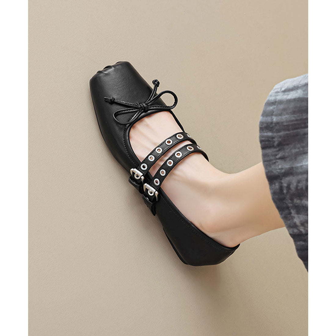 レースレディース Lace Ladies スクエアトゥ スタッズ ベルト フラット リボン パンプス