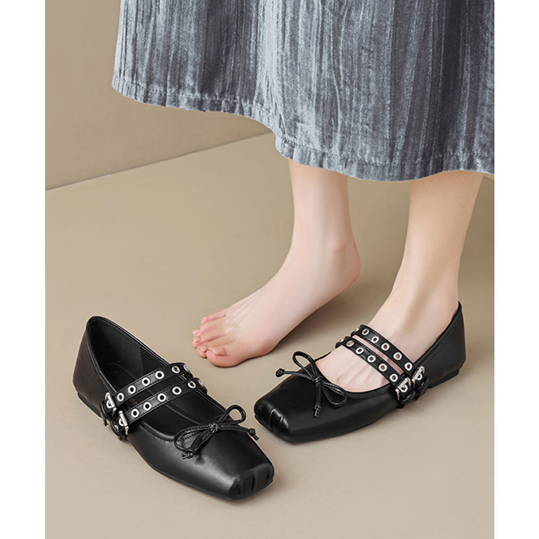 レースレディース Lace Ladies スクエアトゥ スタッズ ベルト フラット リボン パンプス