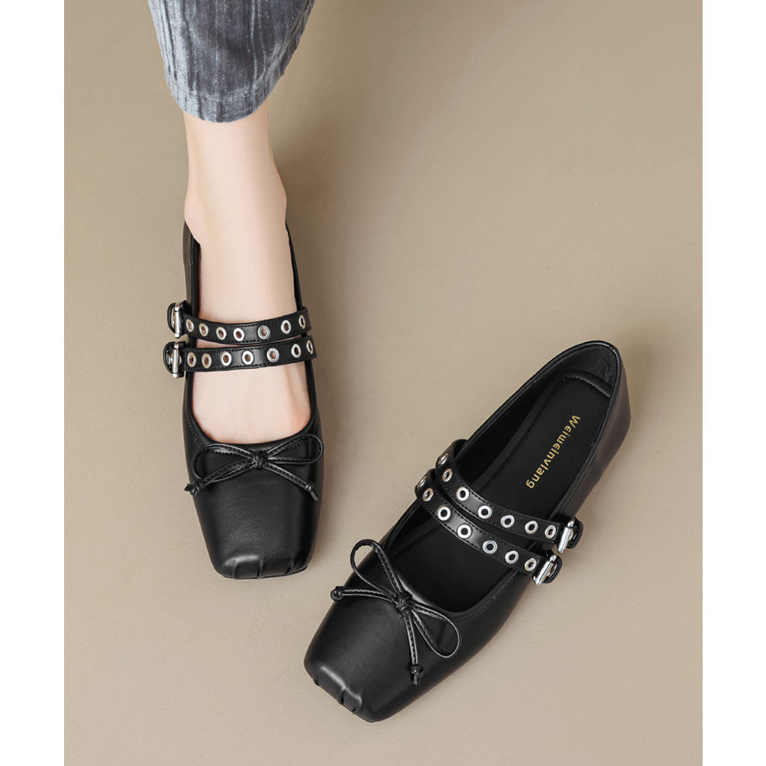 レースレディース Lace Ladies スクエアトゥ スタッズ ベルト フラット リボン パンプス