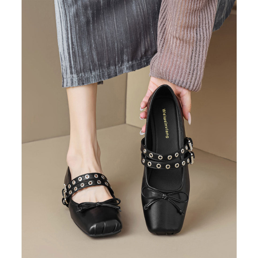 レースレディース Lace Ladies スクエアトゥ スタッズ ベルト フラット リボン パンプス