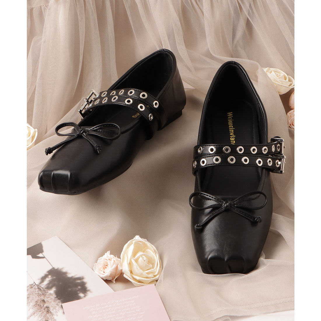 レースレディース Lace Ladies スクエアトゥ スタッズ ベルト フラット リボン パンプス