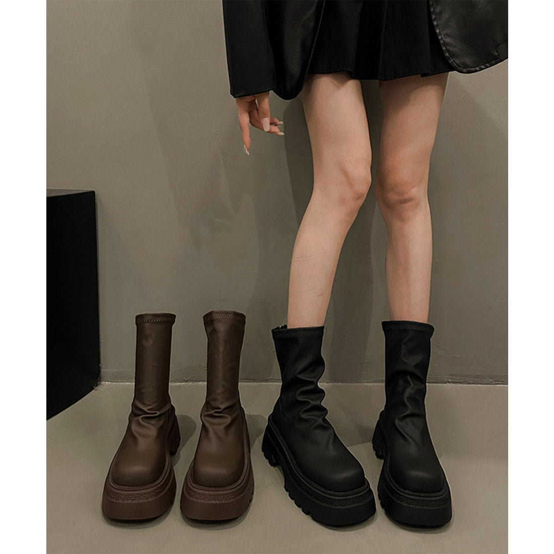 レースレディース Lace Ladies バックファスナー レザー調 厚底 ショート ブーツ