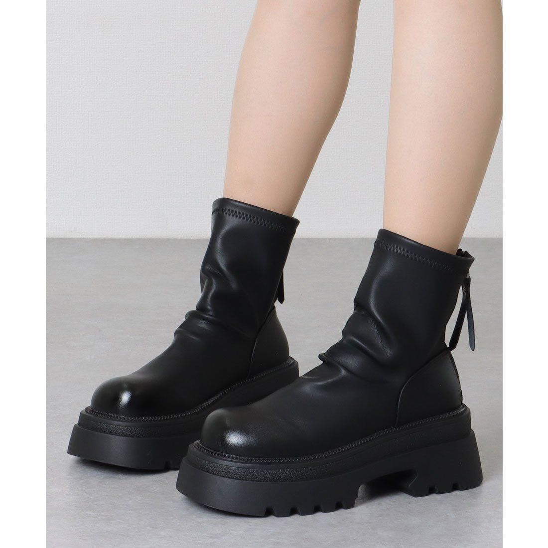 レースレディース Lace Ladies バックファスナー レザー調 厚底 ショート ブーツ