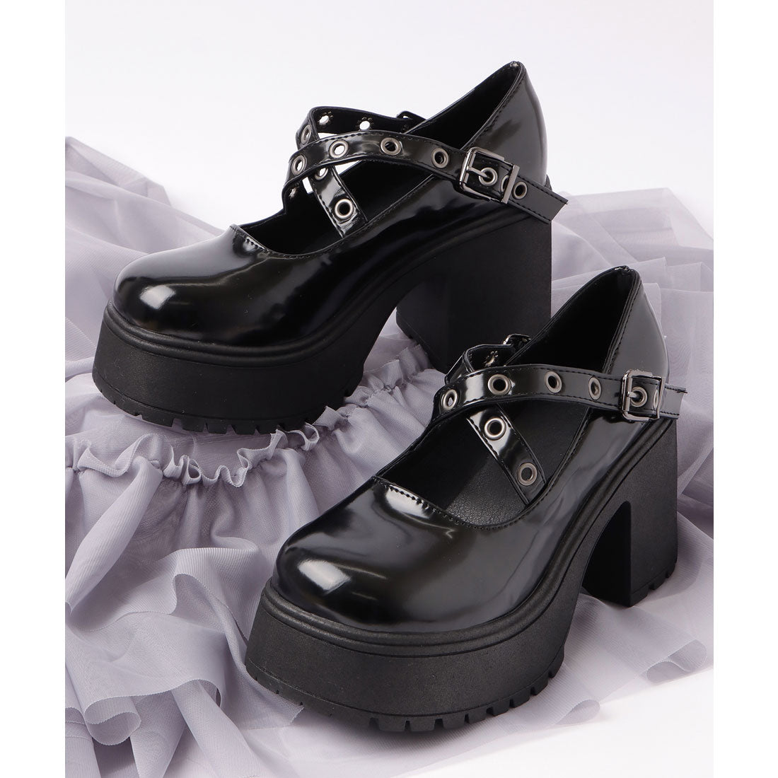 レースレディース Lace Ladies エナメル風 厚底 ハイヒール スタッズ ベルト シューズ (ブラック) ブラック