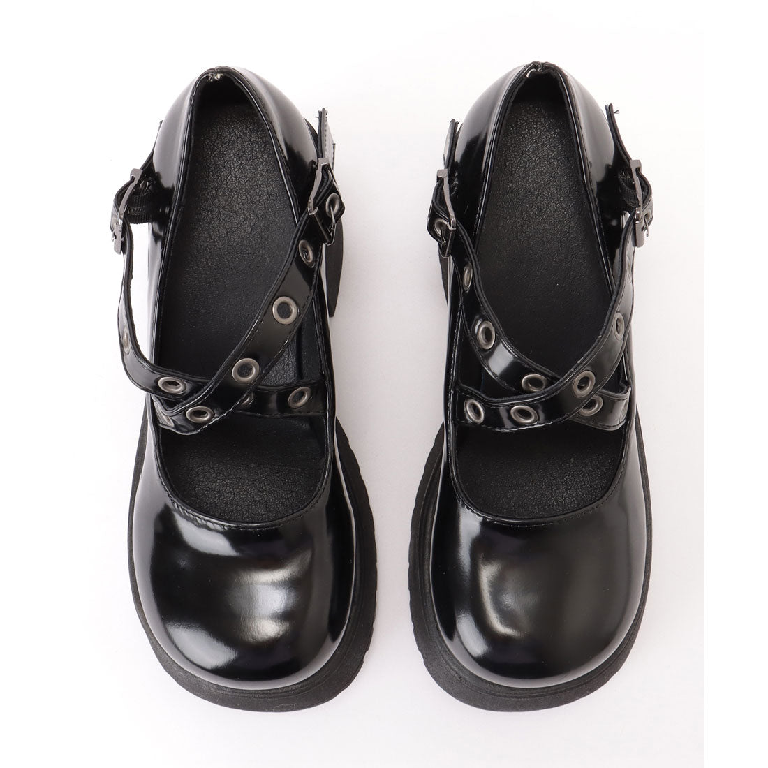 レースレディース Lace Ladies エナメル風 厚底 ハイヒール スタッズ ベルト シューズ (ブラック) ブラック