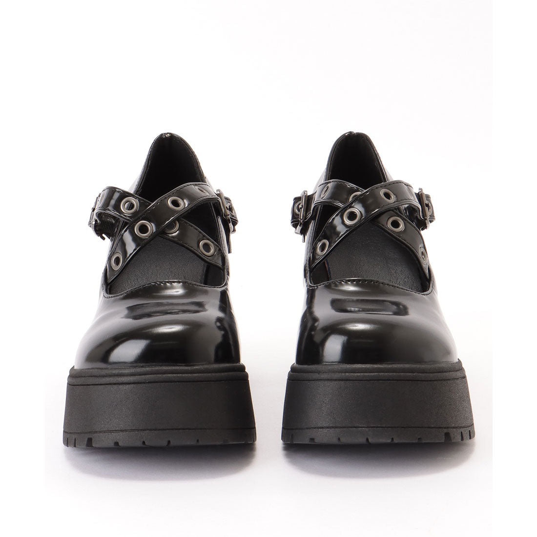 レースレディース Lace Ladies エナメル風 厚底 ハイヒール スタッズ ベルト シューズ (ブラック) ブラック