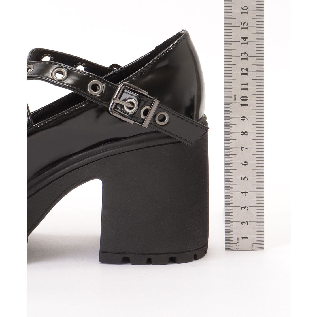 レースレディース Lace Ladies エナメル風 厚底 ハイヒール スタッズ ベルト シューズ (ブラック) ブラック