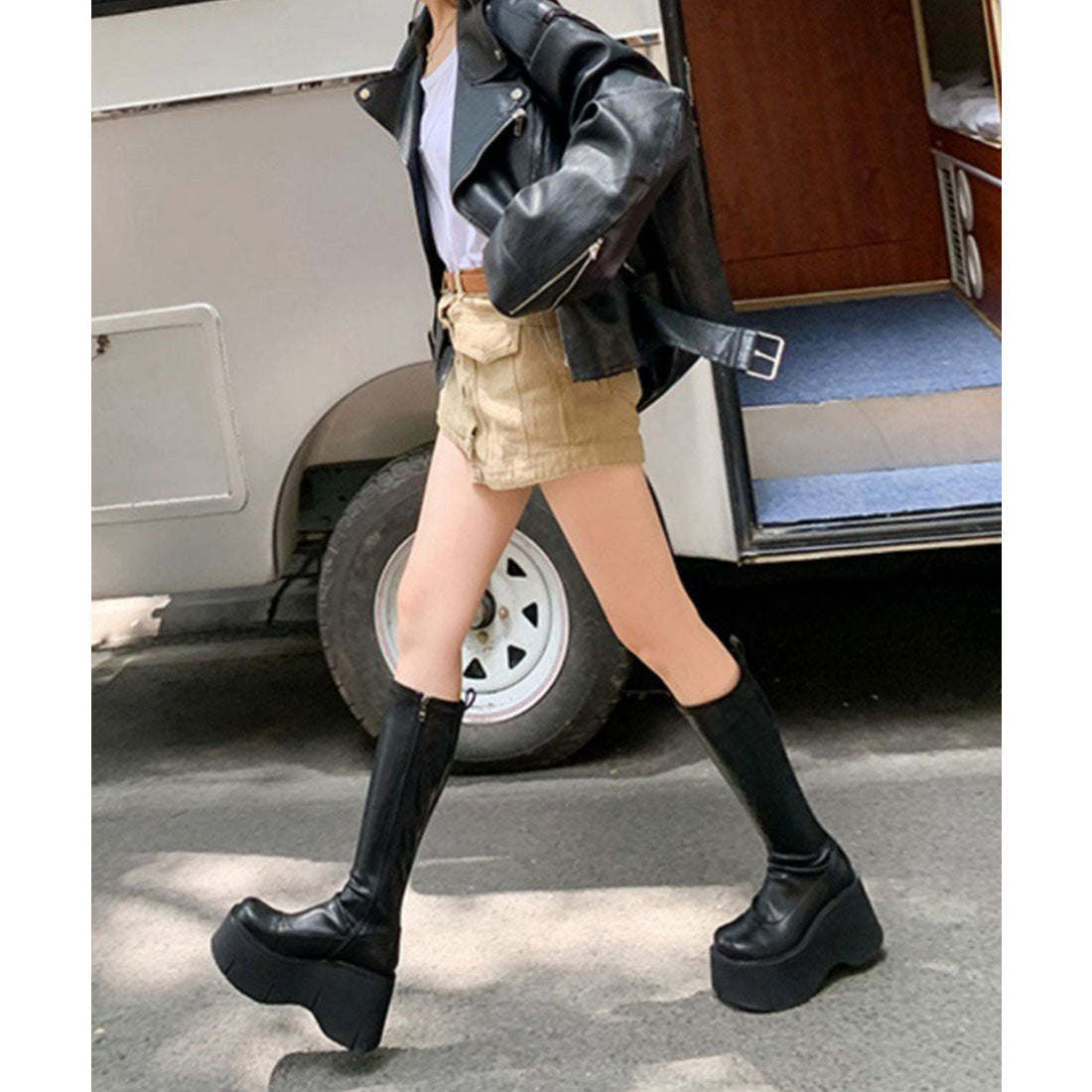 レースレディース Lace Ladies レザー調 厚底 タンクソール ロング ブーツ (ブラック) ブラック