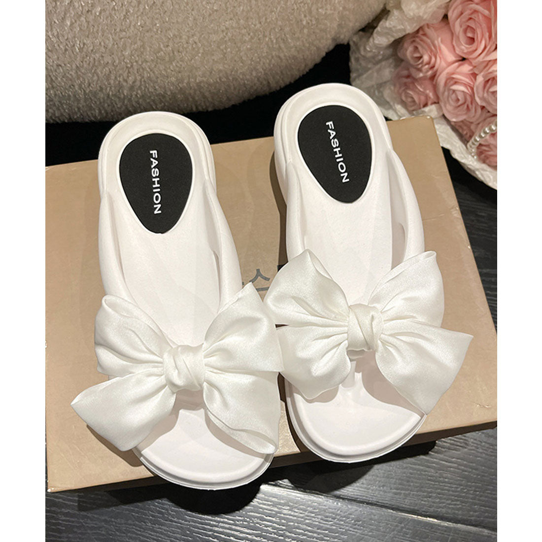 レースレディース Lace Ladies サテン リボン EVA 厚底 トング サンダル (ホワイト) ホワイト