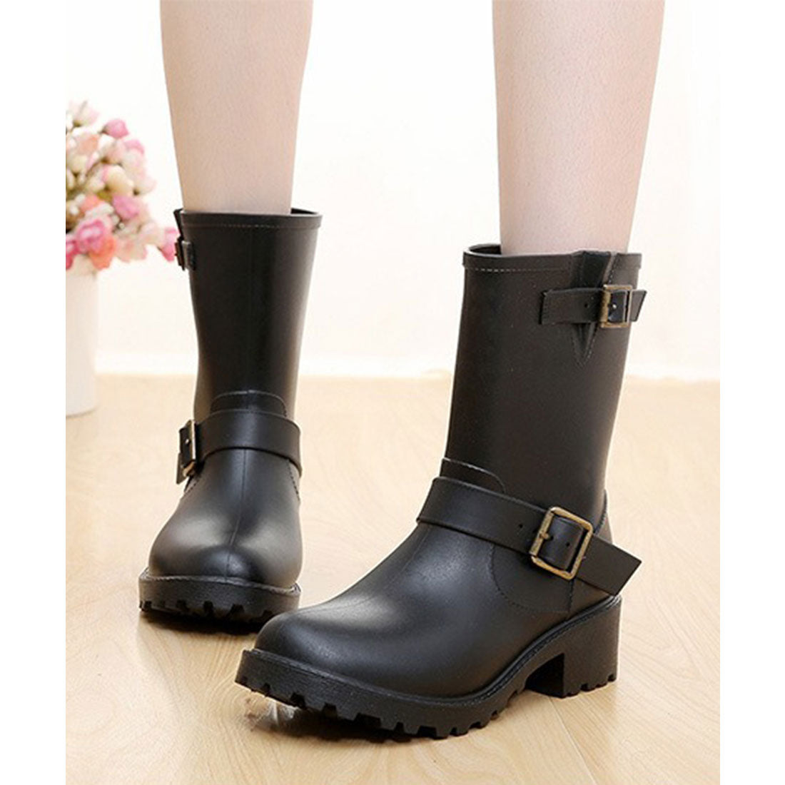 レースレディース Lace Ladies ラバー素材 ベルト付き ミドル レイン ブーツ (ブラック) ブラック