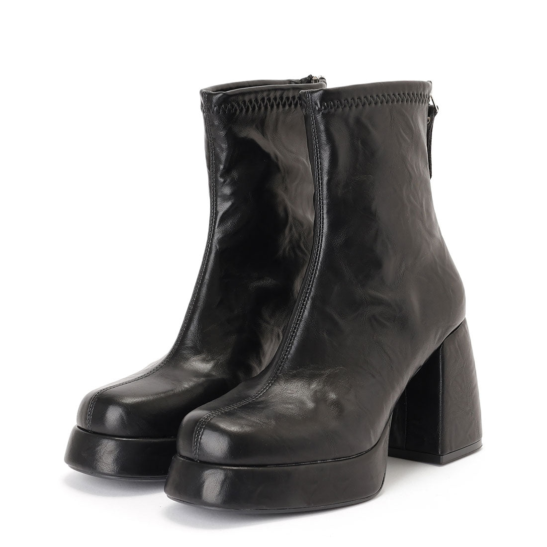 レースレディース Lace Ladies レザー調 スクエアトゥ プラットフォーム ショート ブーツ (ブラック) ブラック