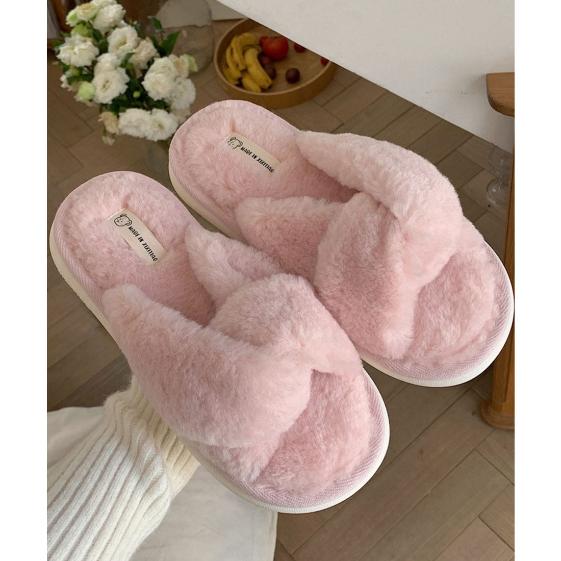 レースレディース Lace Ladies ファー ツイスト クロスデザイン フラット スリッパ ルームシューズ (ピンク) ピンク