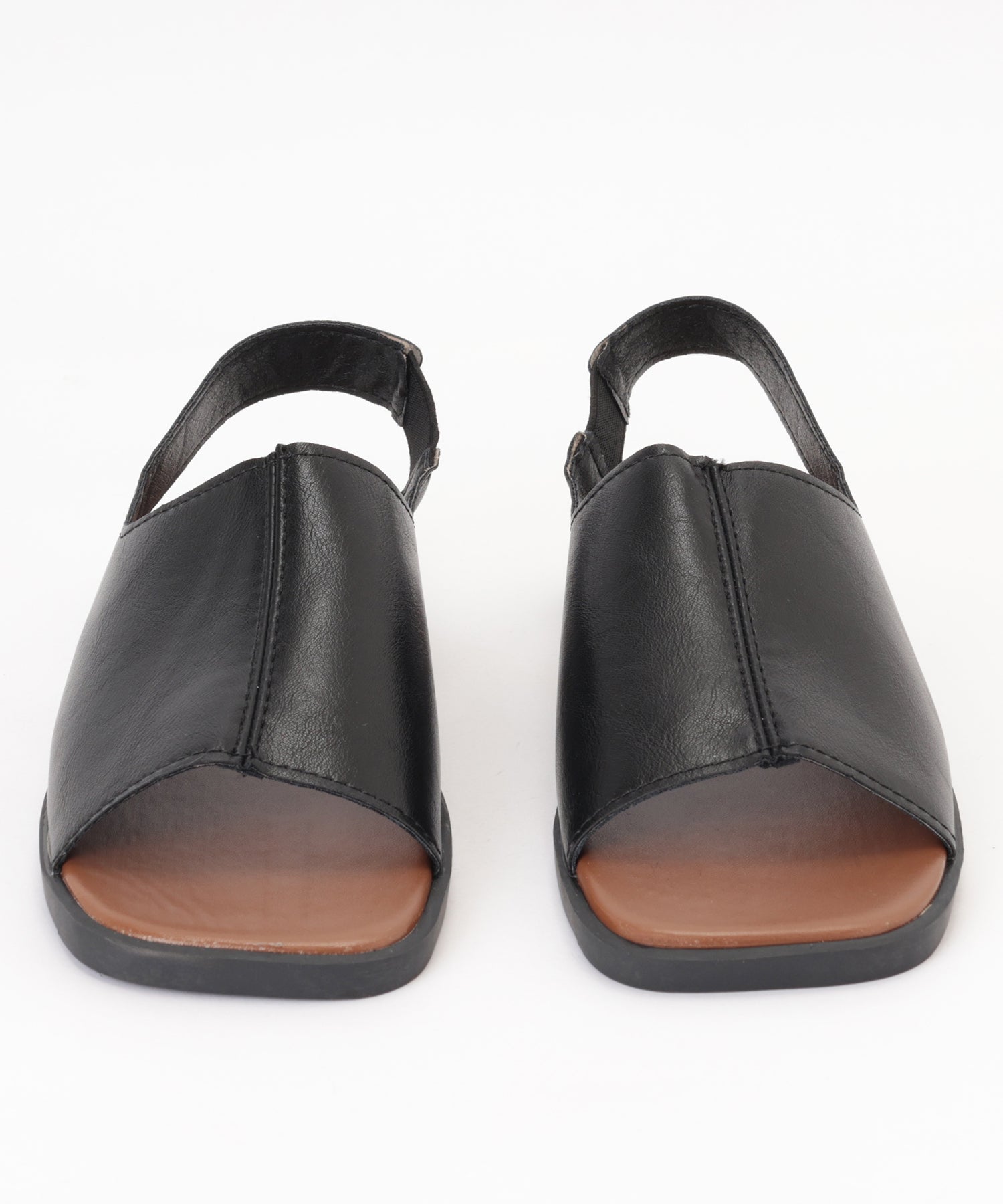 レースレディース Lace Ladies スクエアトゥ フロントステッチ バックストラップ付き フラット サンダル (ブラック) ブラック