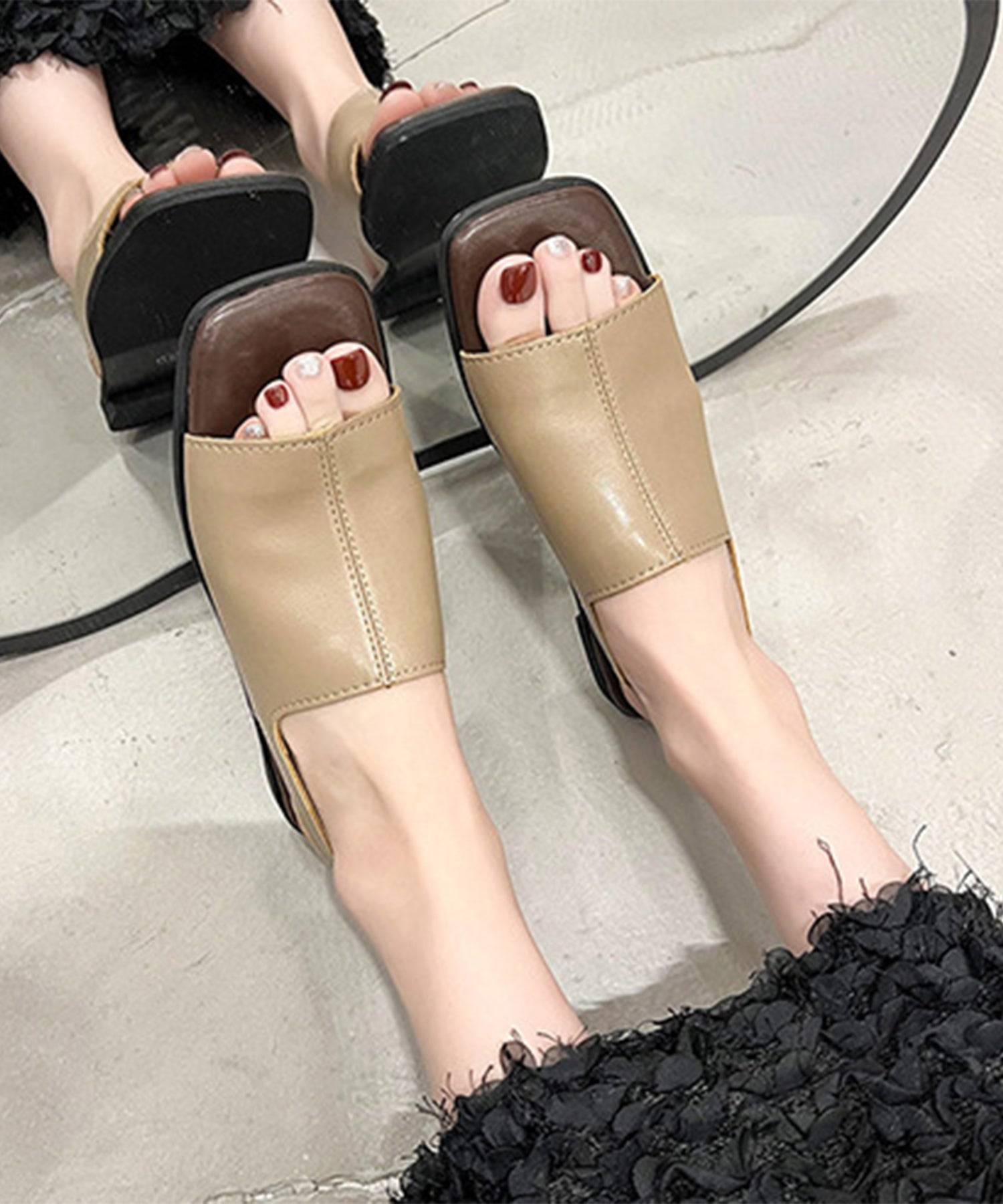 レースレディース Lace Ladies スクエアトゥ フロントステッチ バックストラップ付き フラット サンダル (ベージュ) ベージュ