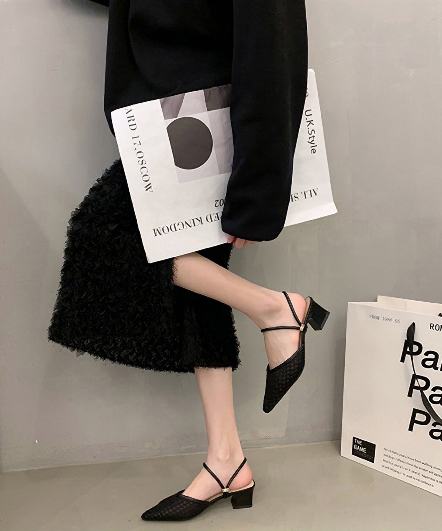 レースレディース Lace Ladies ツイード柄 シースルー ポインテッドトゥ ストラップ ミュール サンダル (ブラック) ブラック