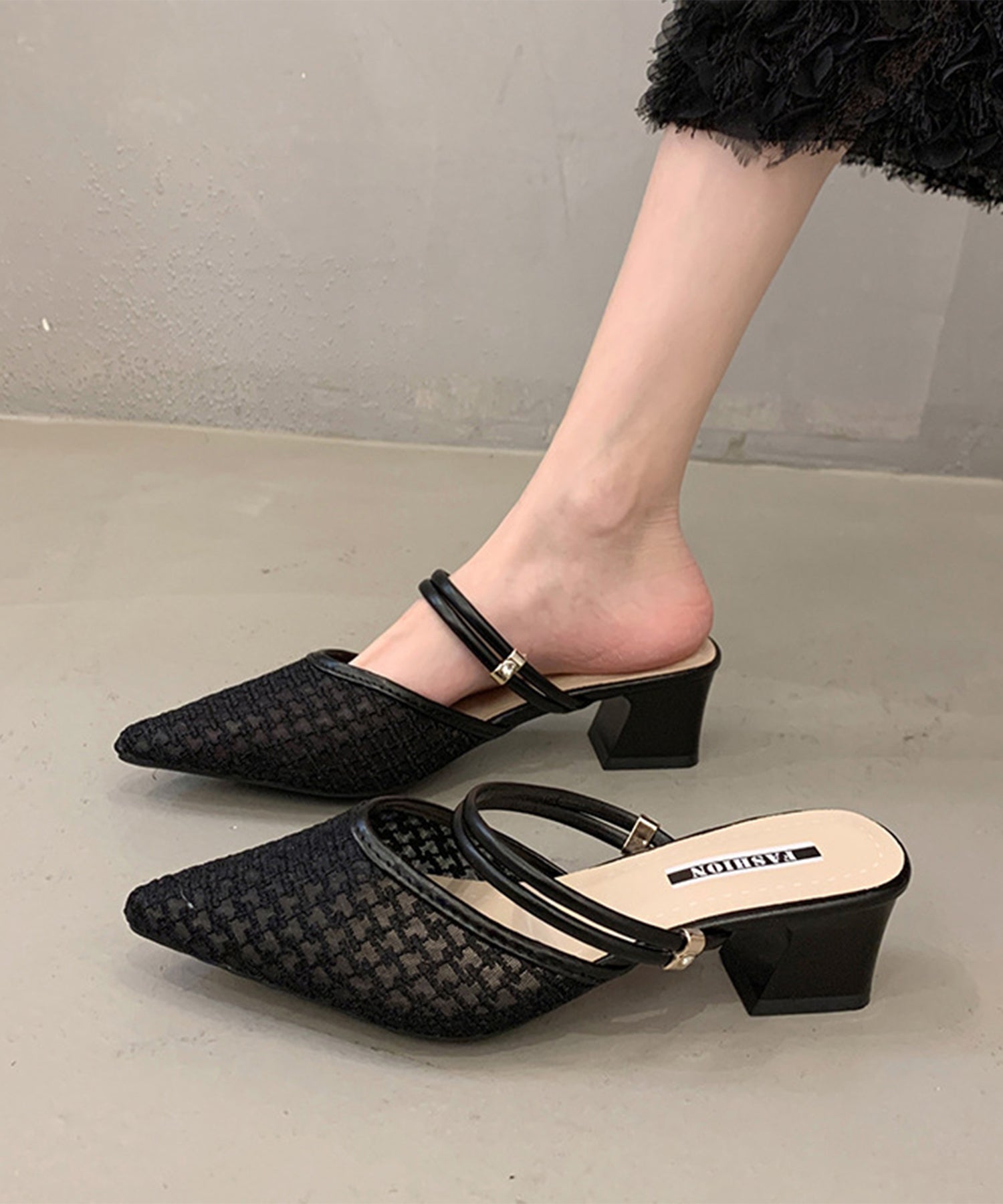 レースレディース Lace Ladies ツイード柄 シースルー ポインテッドトゥ ストラップ ミュール サンダル (ブラック) ブラック