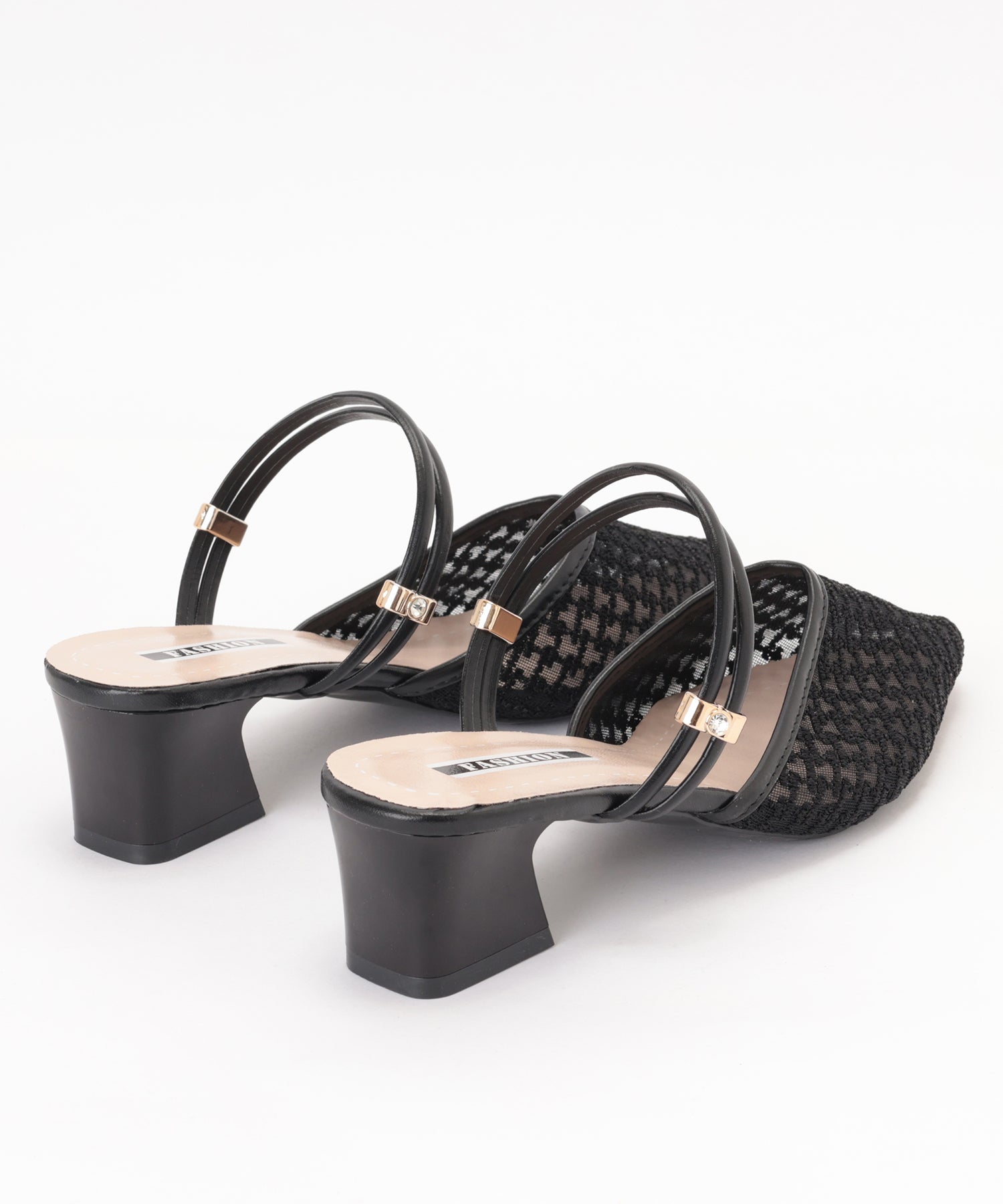 レースレディース Lace Ladies ツイード柄 シースルー ポインテッドトゥ ストラップ ミュール サンダル (ブラック) ブラック