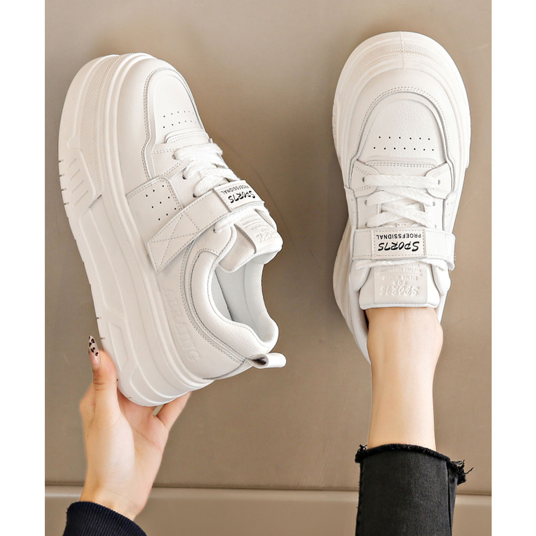 レースレディース Lace Ladies ベルクロ付き 厚底 レースアップ コート スニーカー (アイボリー) アイボリー