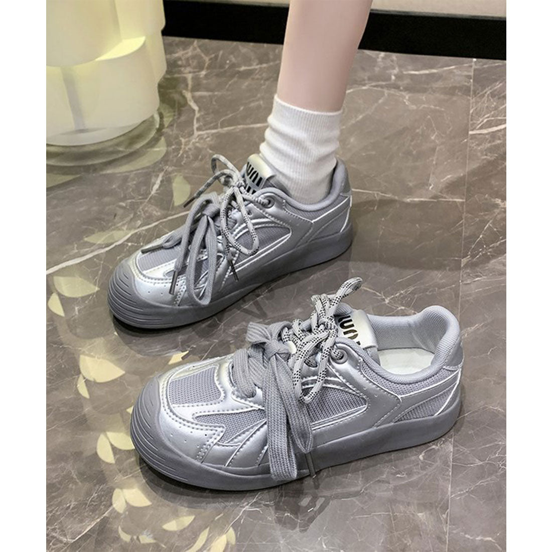 レースレディース Lace Ladies 厚底 ソール レースアップ スニーカー (シルバー) シルバー
