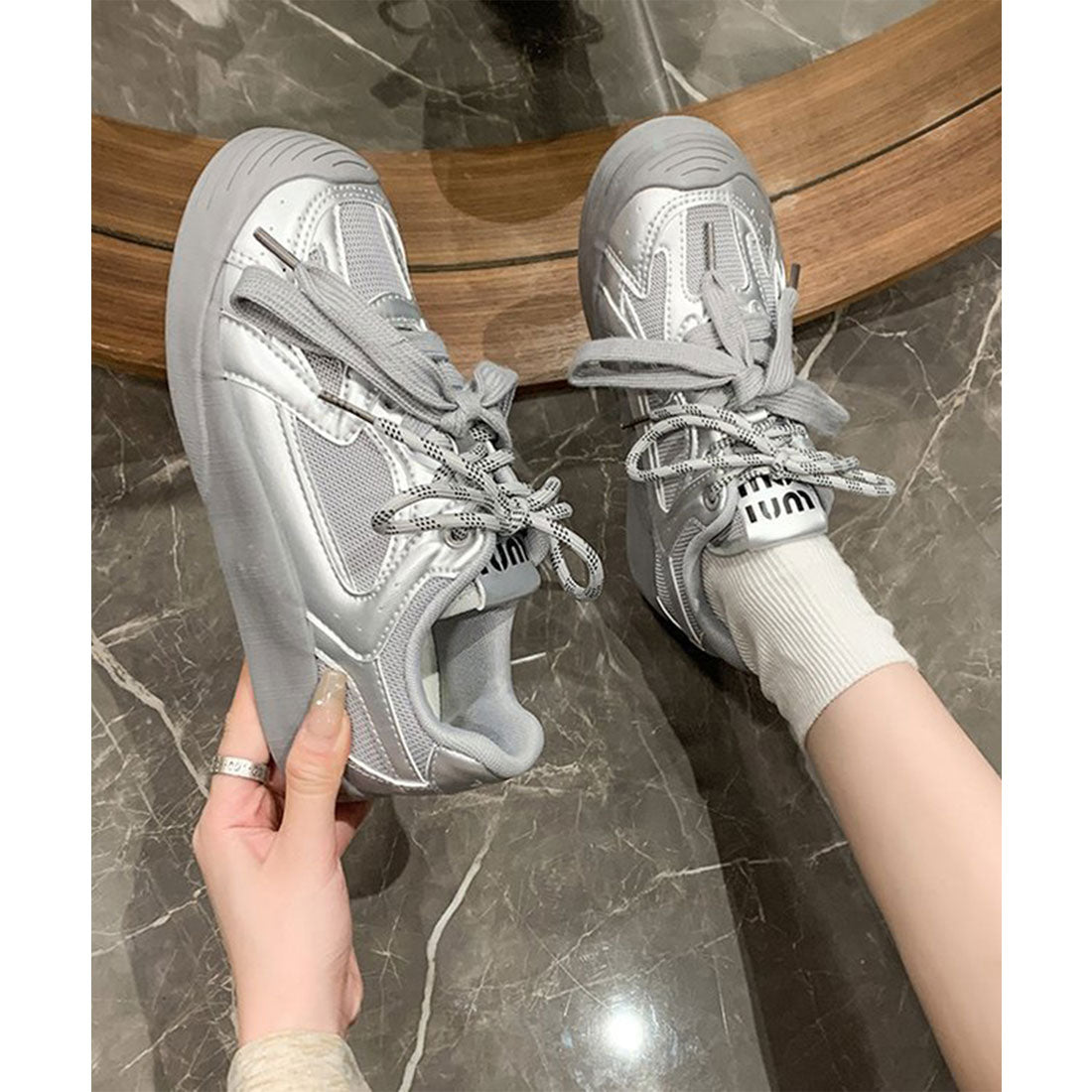 レースレディース Lace Ladies 厚底 ソール レースアップ スニーカー (シルバー) シルバー