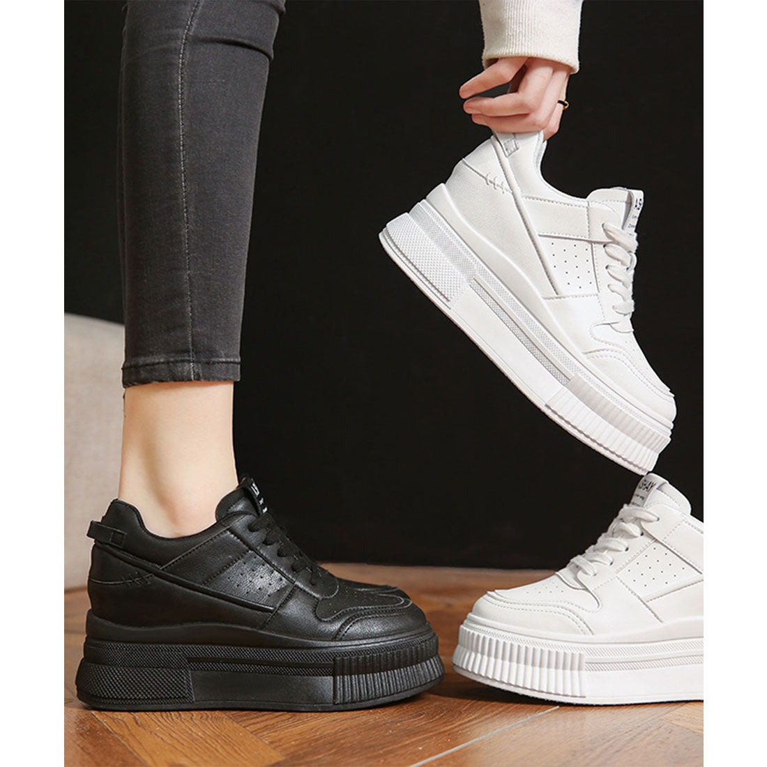 レースレディース Lace Ladies ワンカラー 厚底 ストラップ スニーカー (ブラック) ブラック