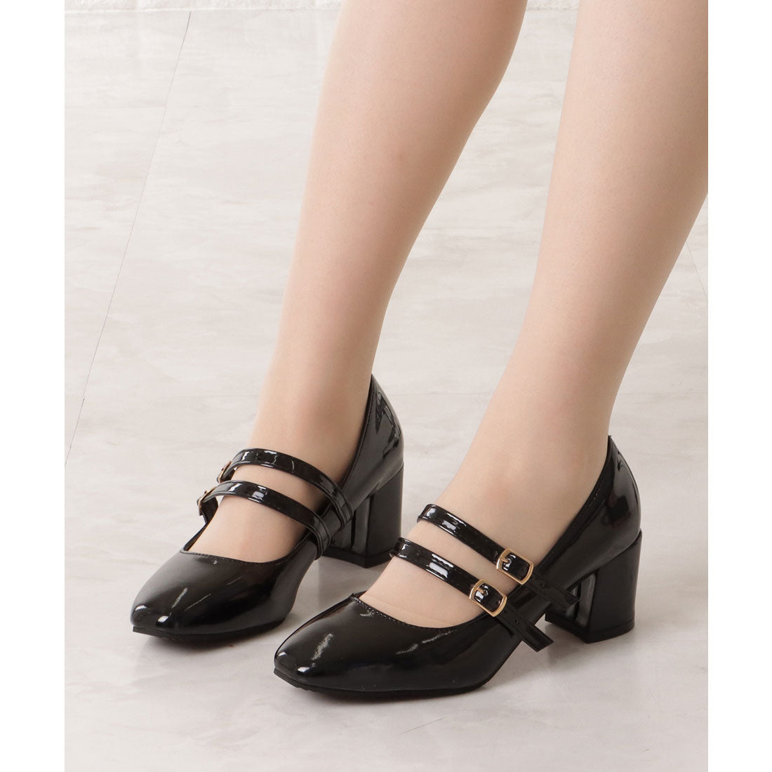 レースレディース Lace Ladies ダブルストラップエナメルハイヒールパンプス (ブラック) ブラック