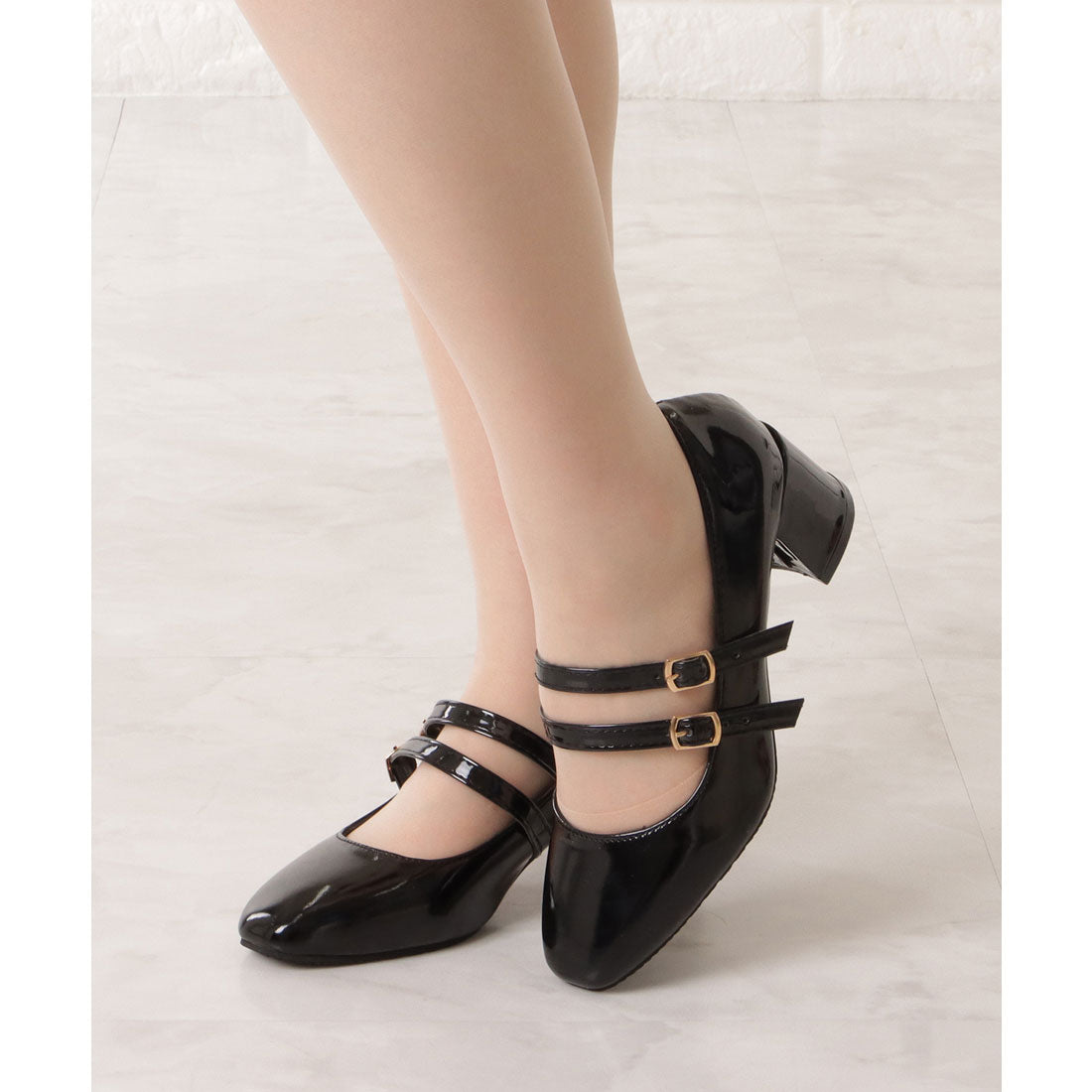 レースレディース Lace Ladies ダブルストラップエナメルハイヒールパンプス (ブラック) ブラック