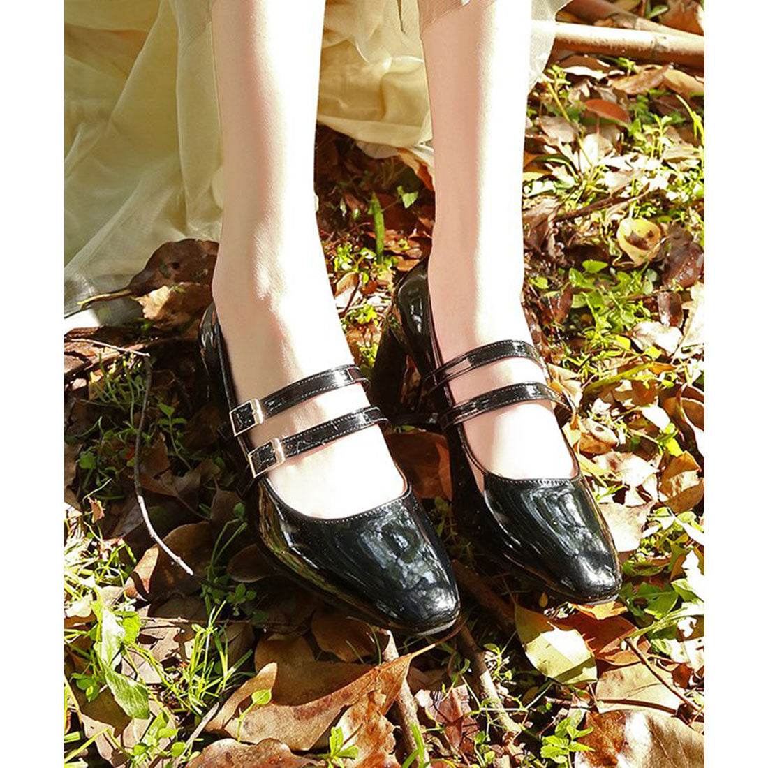 レースレディース Lace Ladies ダブルストラップエナメルハイヒールパンプス (ブラック) ブラック