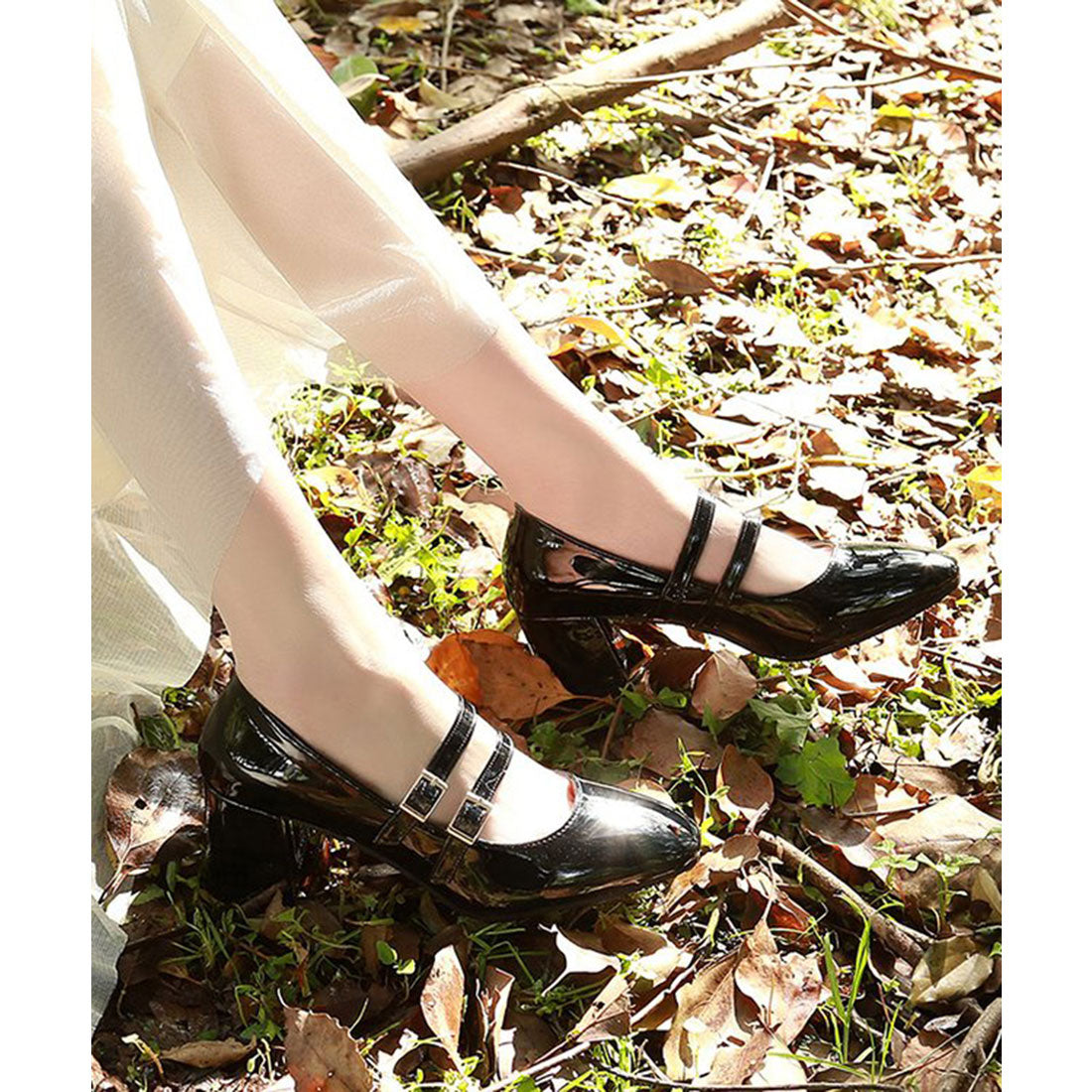 レースレディース Lace Ladies ダブルストラップエナメルハイヒールパンプス (ブラック) ブラック