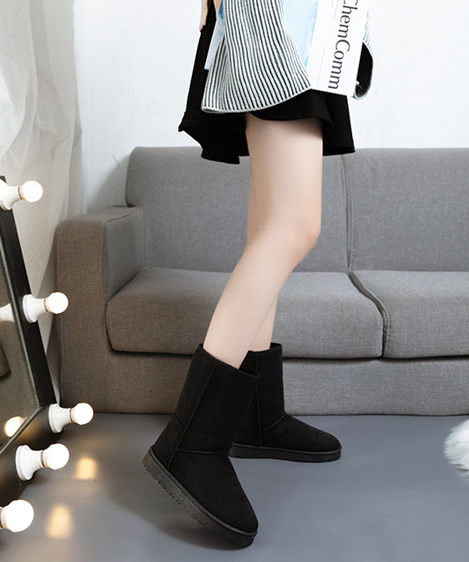 レースレディース Lace Ladies ムートン風ボアフラットショートブーツ (ブラック) ブラック