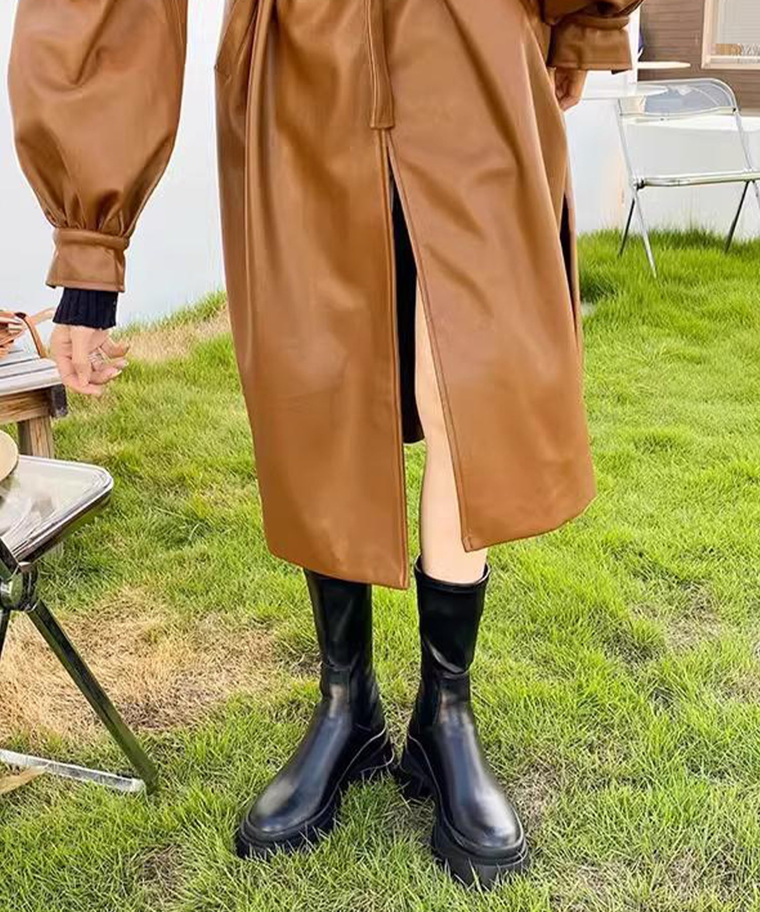 レースレディース Lace Ladies バックファスナー厚底レザー調ショートブーツ (ブラック) ブラック