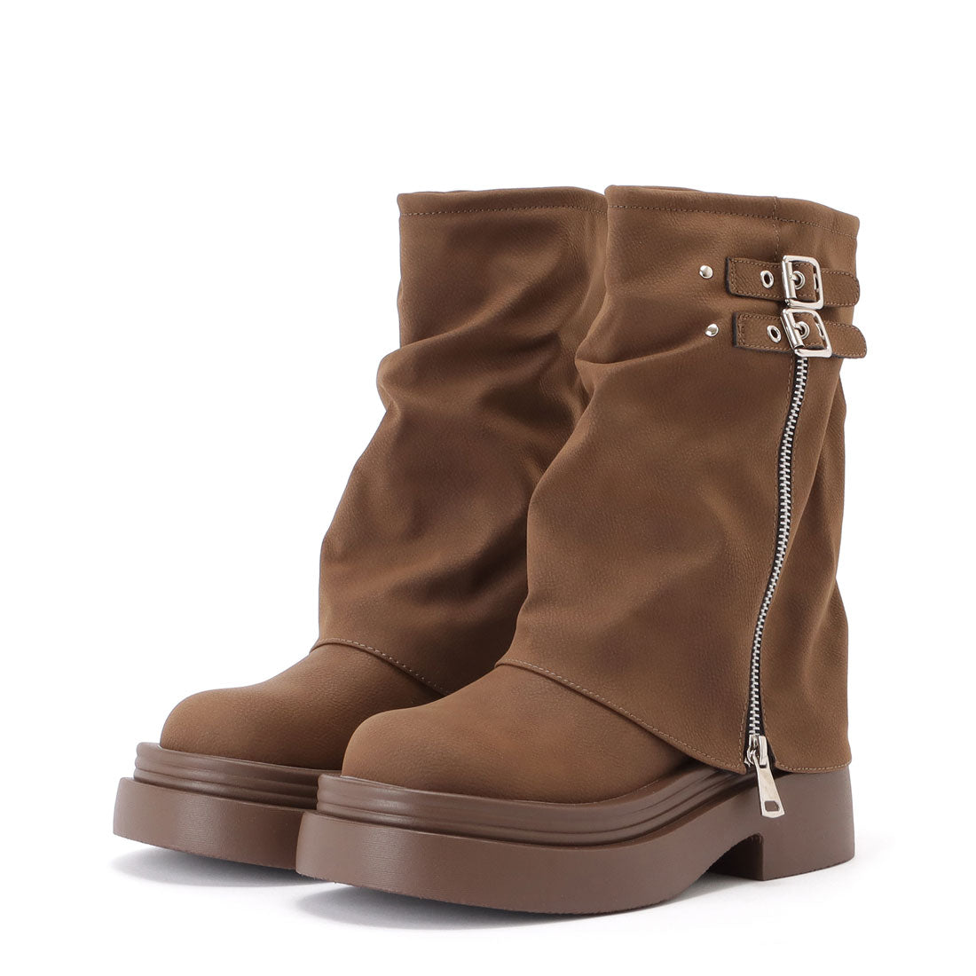 レースレディース Lace Ladies ファスナー付きカバー風厚底ミドルブーツ (ブラウン) ブラウン