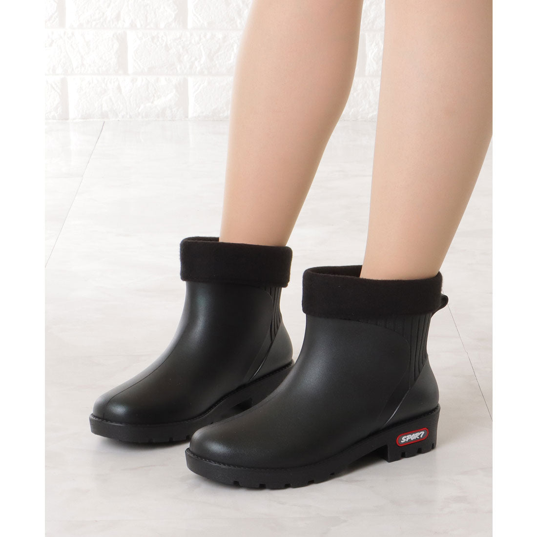 レースレディース Lace Ladies 裏起毛 インナー付き ストライプ ショート レインブーツ (ブラック) ブラック