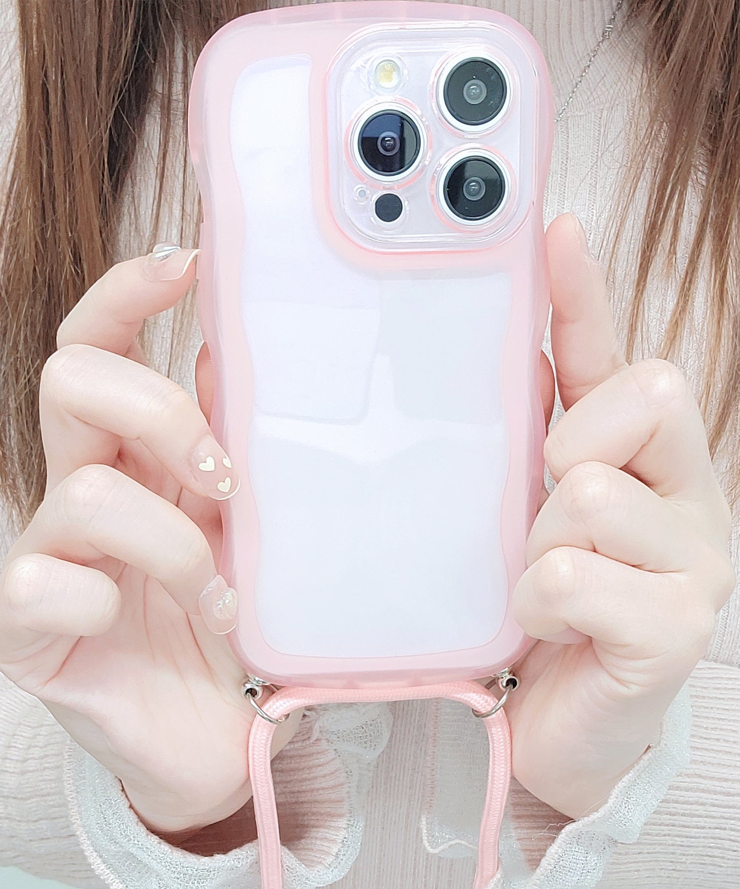 レースレディース Lace Ladies ストラップ付きクリアカラーウエーブシリコンiPhoneカバー (ブラック) ブラック