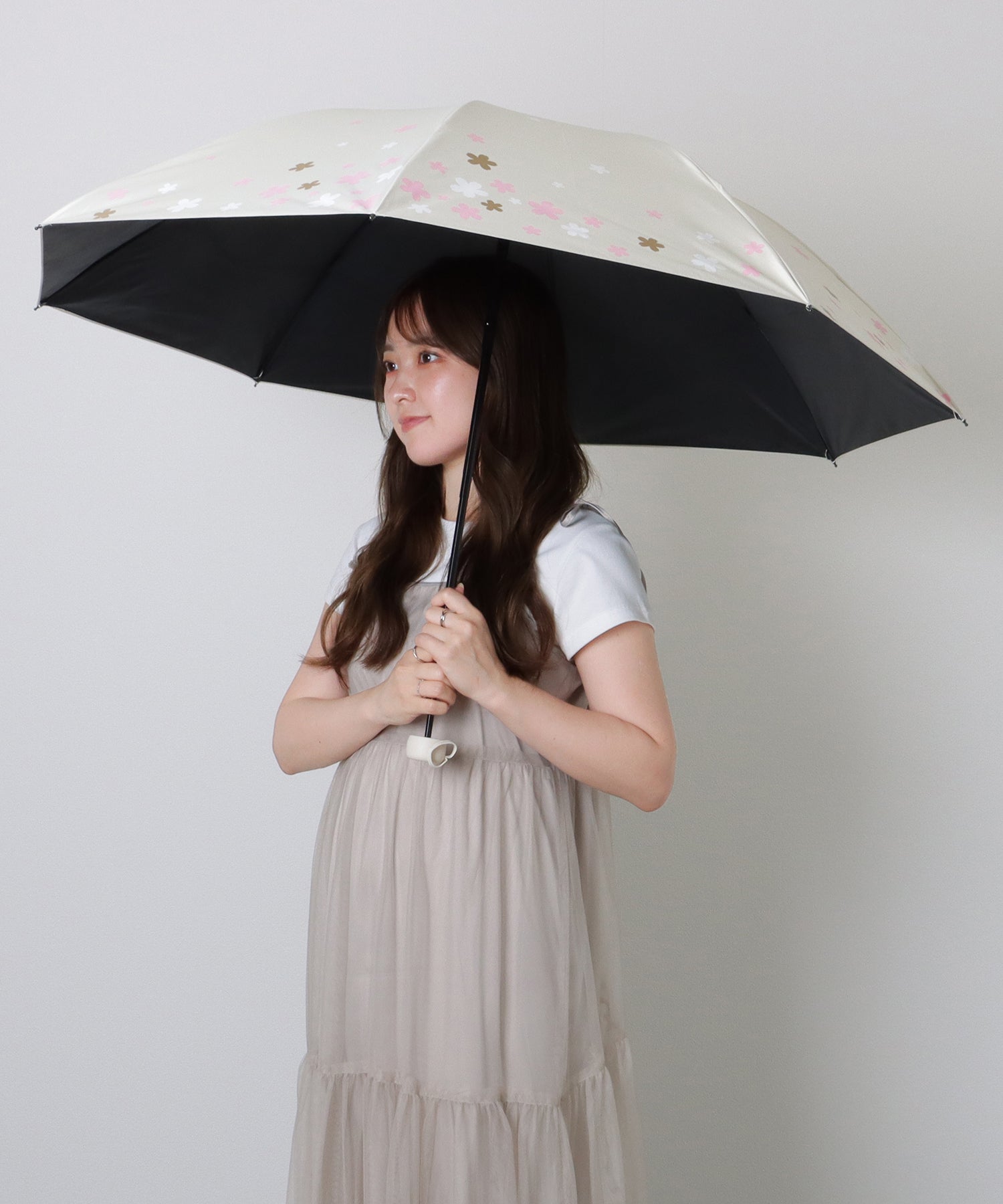レースレディース Lace Ladies フラワー プリント 晴雨兼用 コンパクト 折りたたみ傘 (ベージュ) ベージュ
