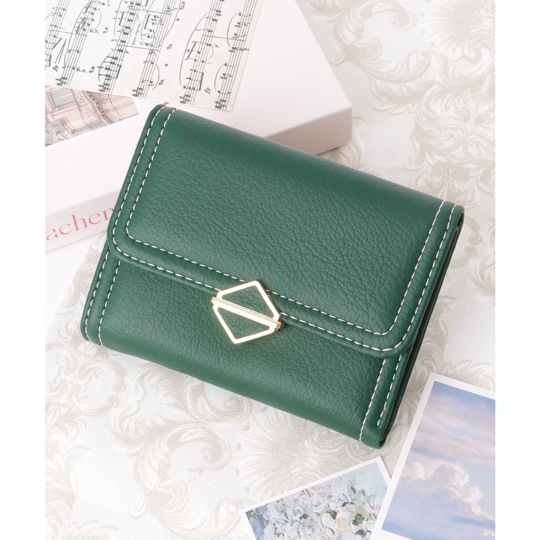 レースレディース Lace Ladies スクエア モチーフ付き レザー調 ステッチ 三つ折り財布