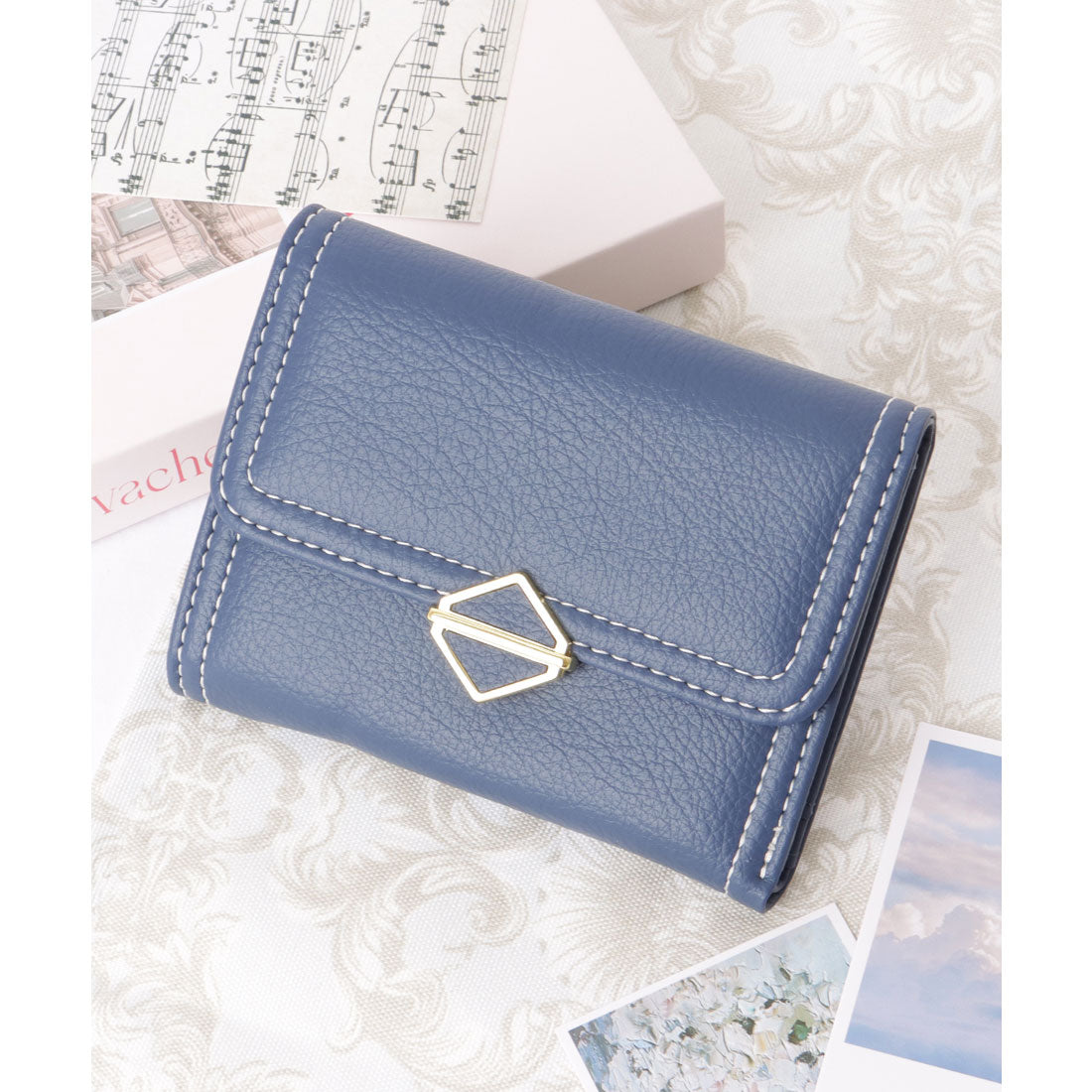 レースレディース Lace Ladies スクエア モチーフ付き レザー調 ステッチ 三つ折り財布