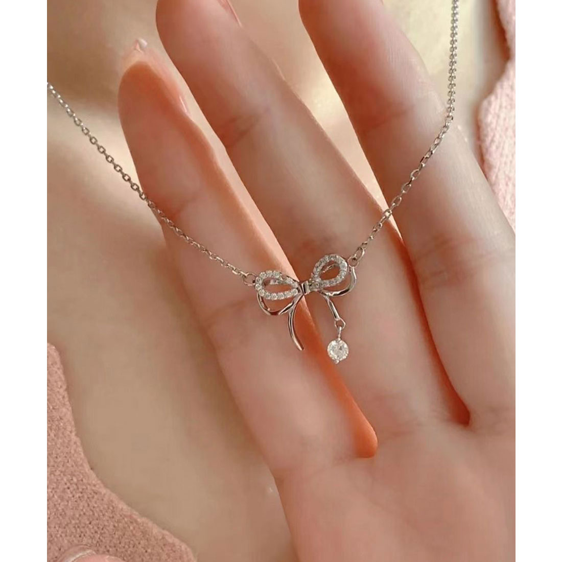 レースレディース Lace Ladies ビジュー付き ダブル リボン チェーン ネックレス (シルバー) シルバー