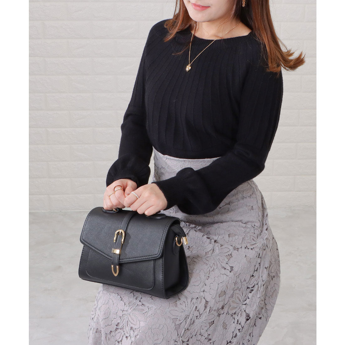 レースレディース Lace Ladies タック切替クルーネックニット,ブラック