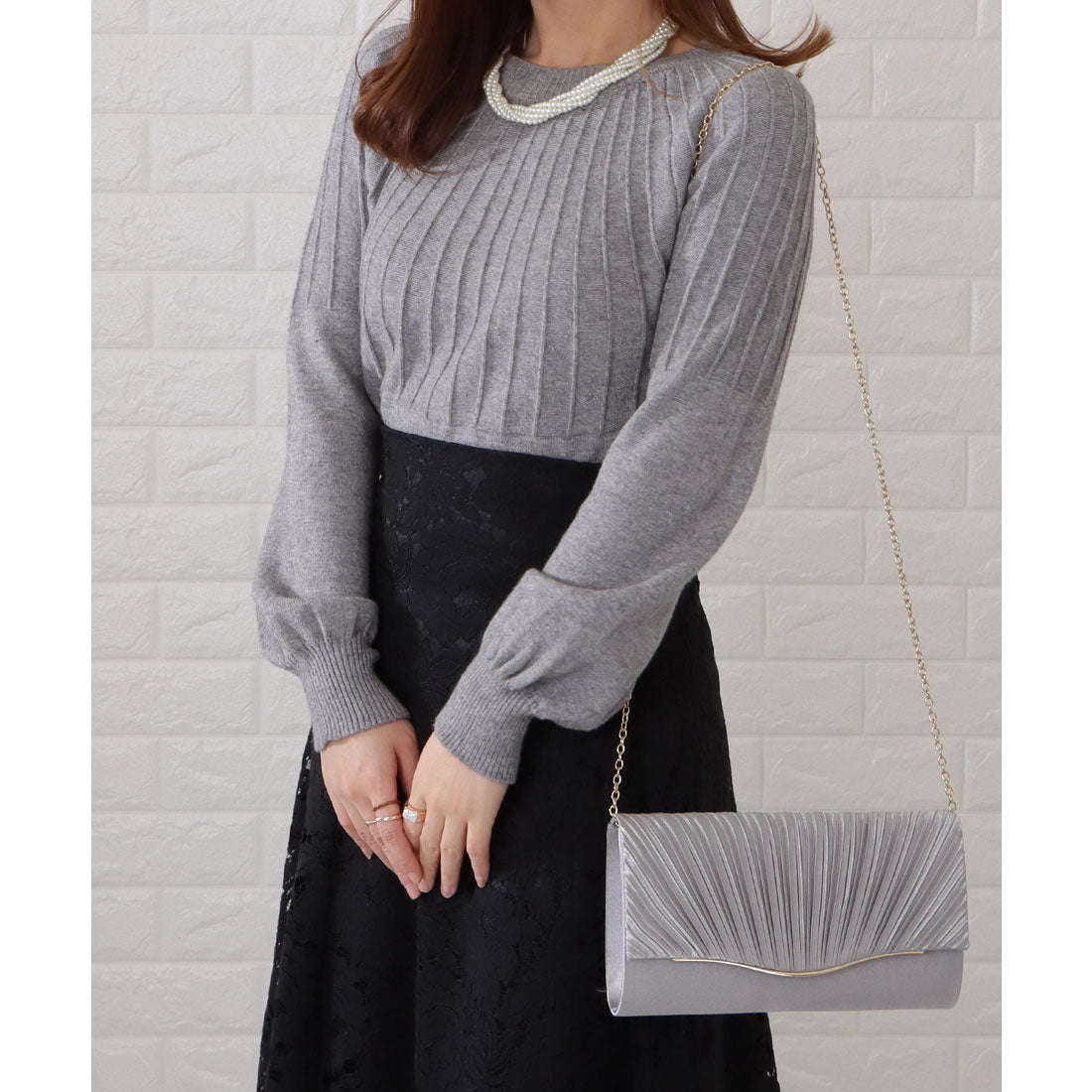 レースレディース Lace Ladies タック切替クルーネックニット,グレー